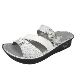 Alegria COLETTE White Metallic Silver Reptile Strappy Support Slide Sandals
